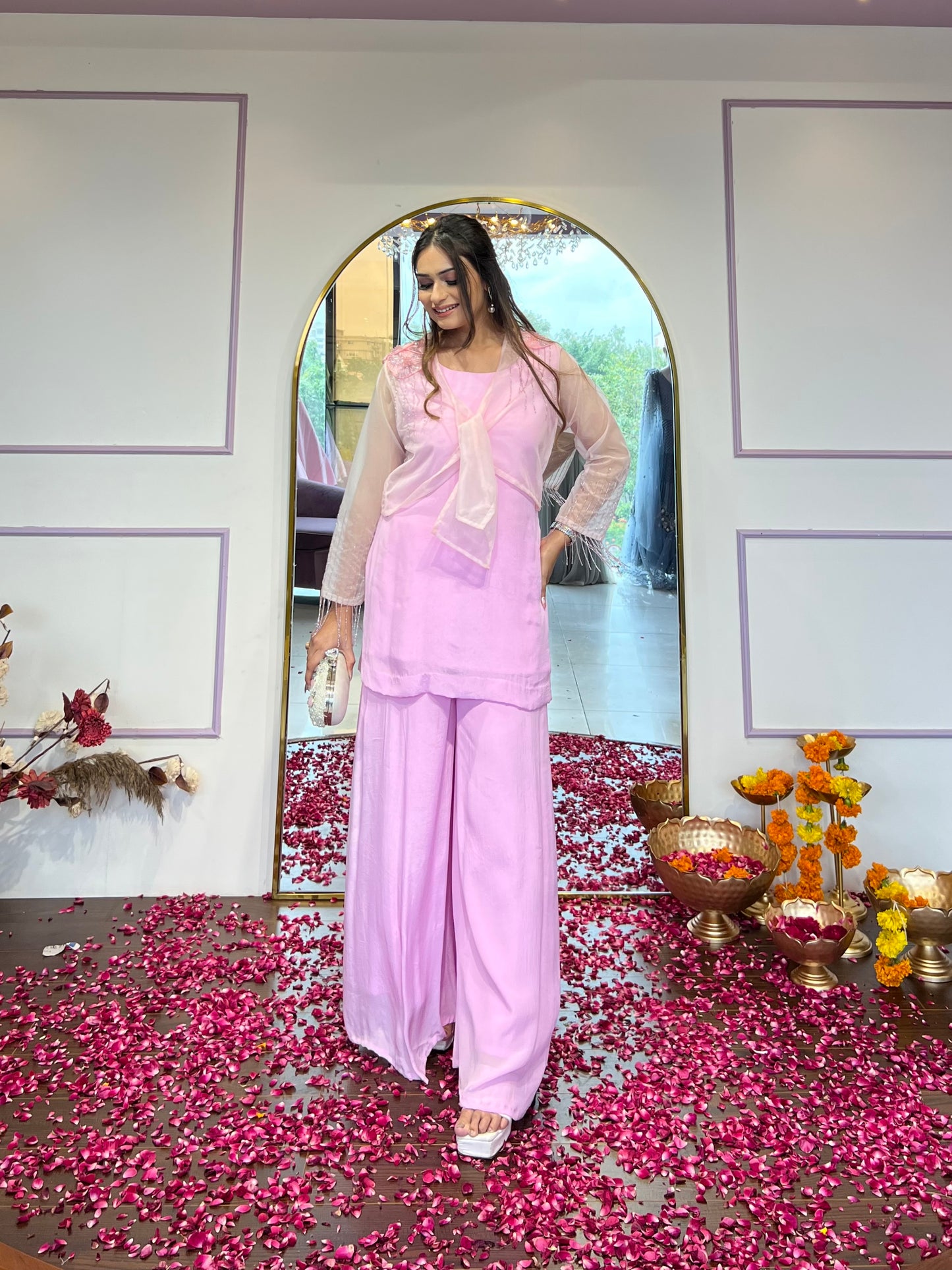 Organza tie up jacket palazzo set