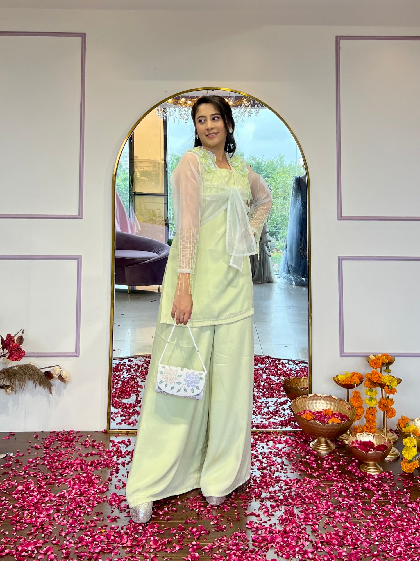 Organza tie up jacket palazzo set