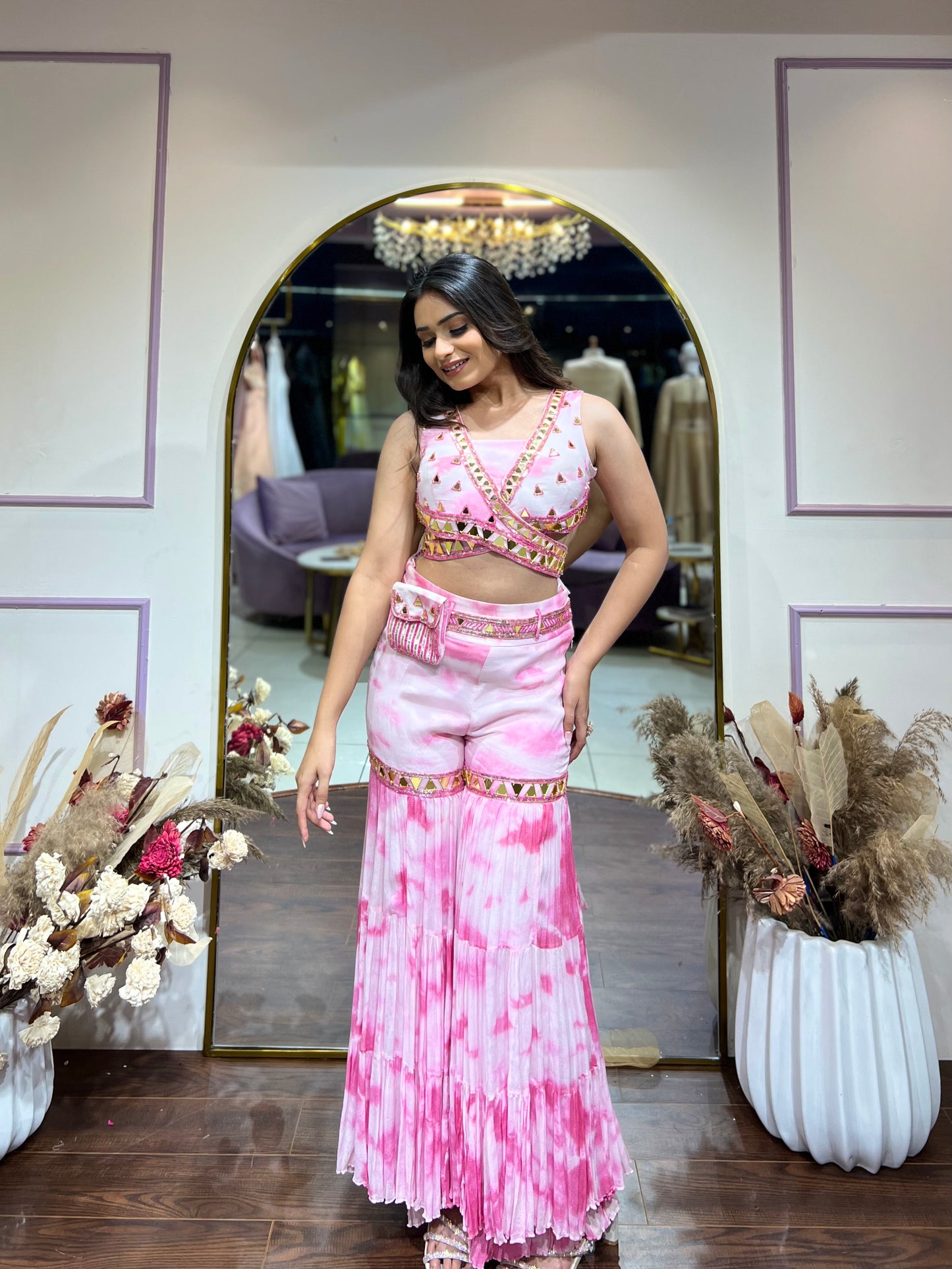 Pink tie & dye sharara set