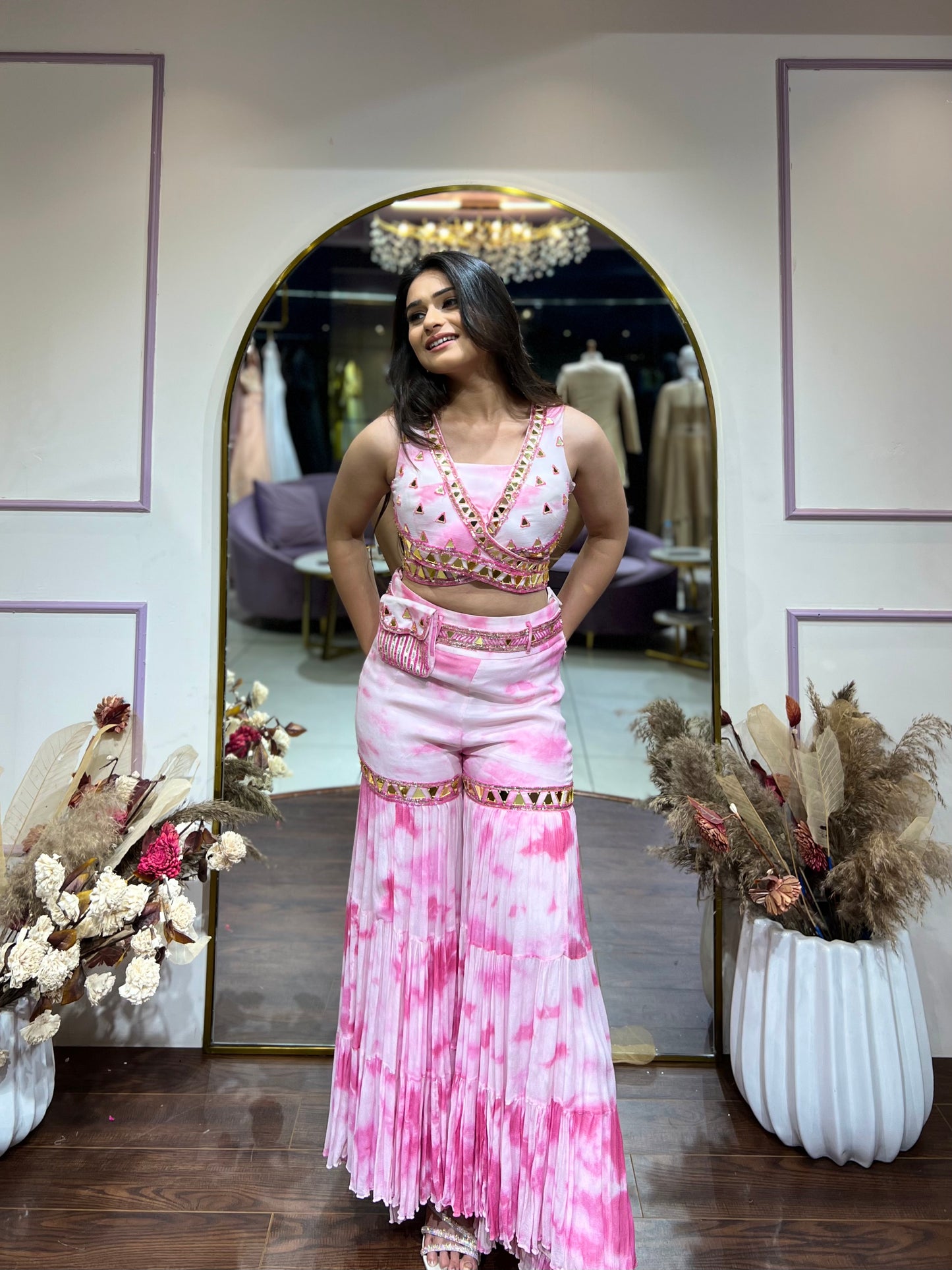 Pink tie & dye sharara set