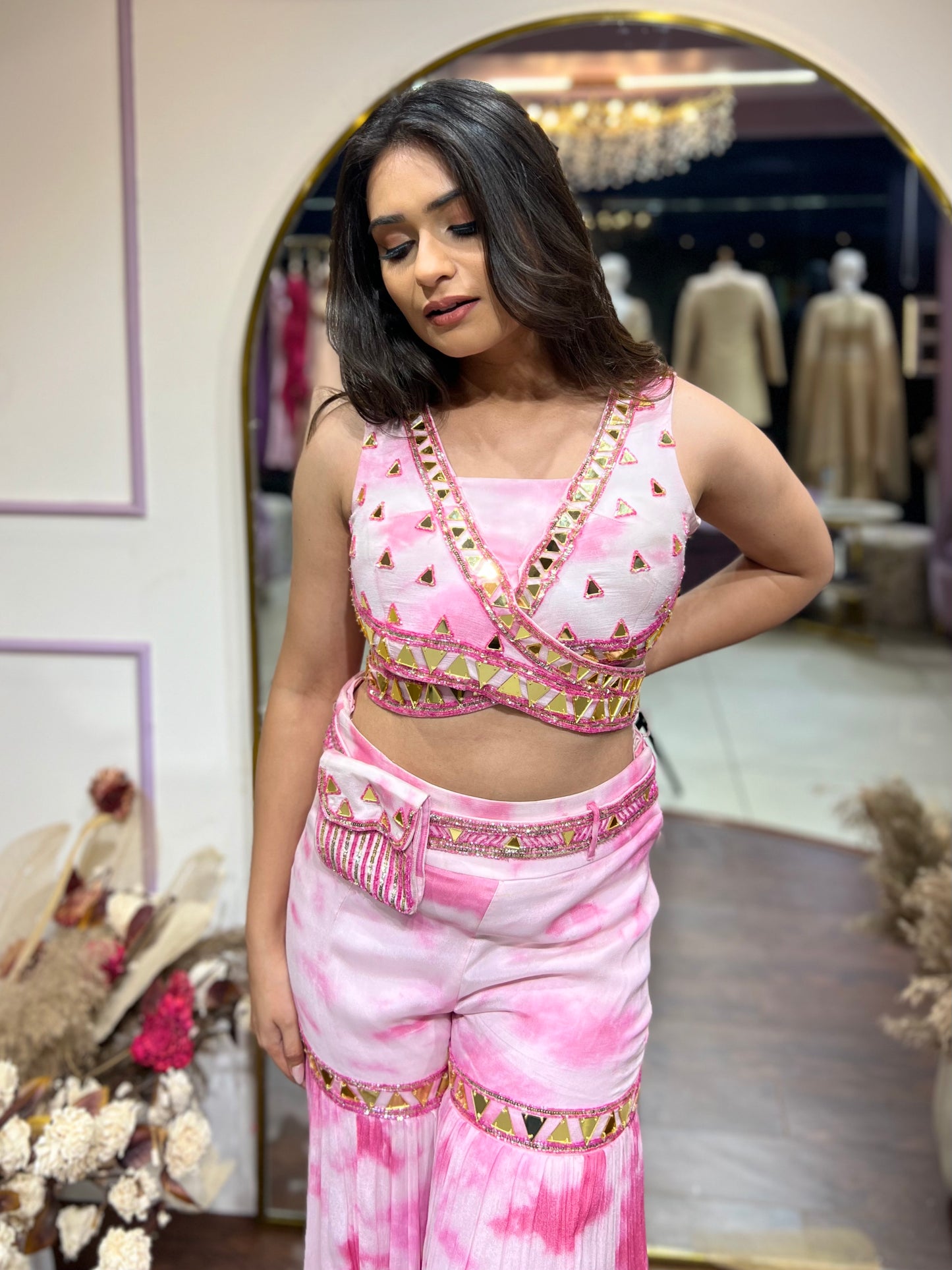 Pink tie & dye sharara set