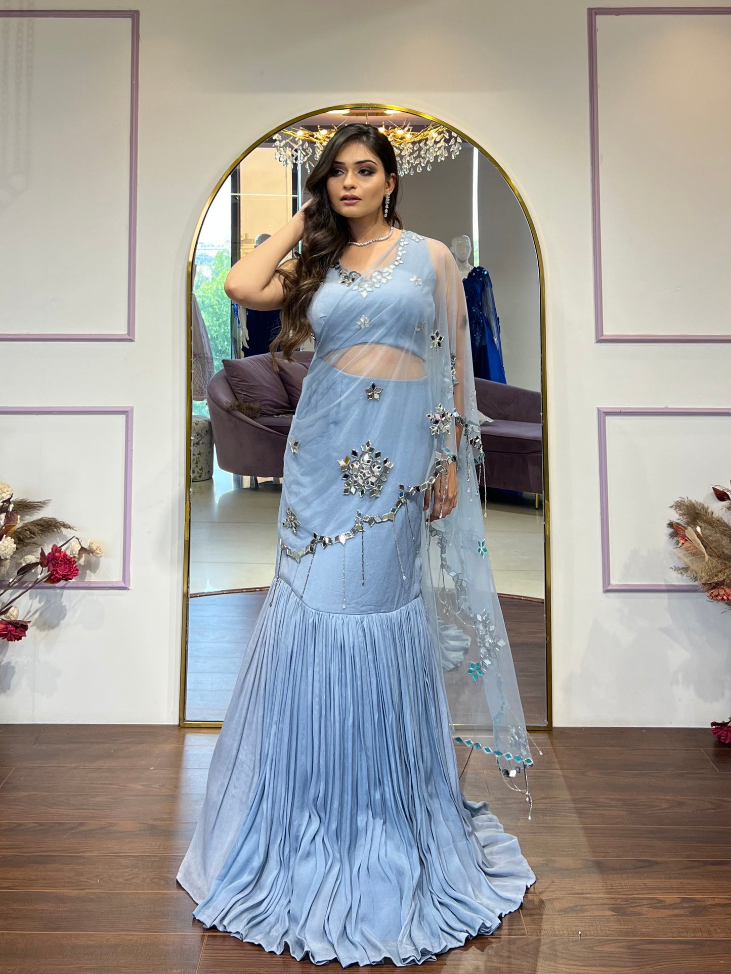 Grey Mirrorwork Drape saree