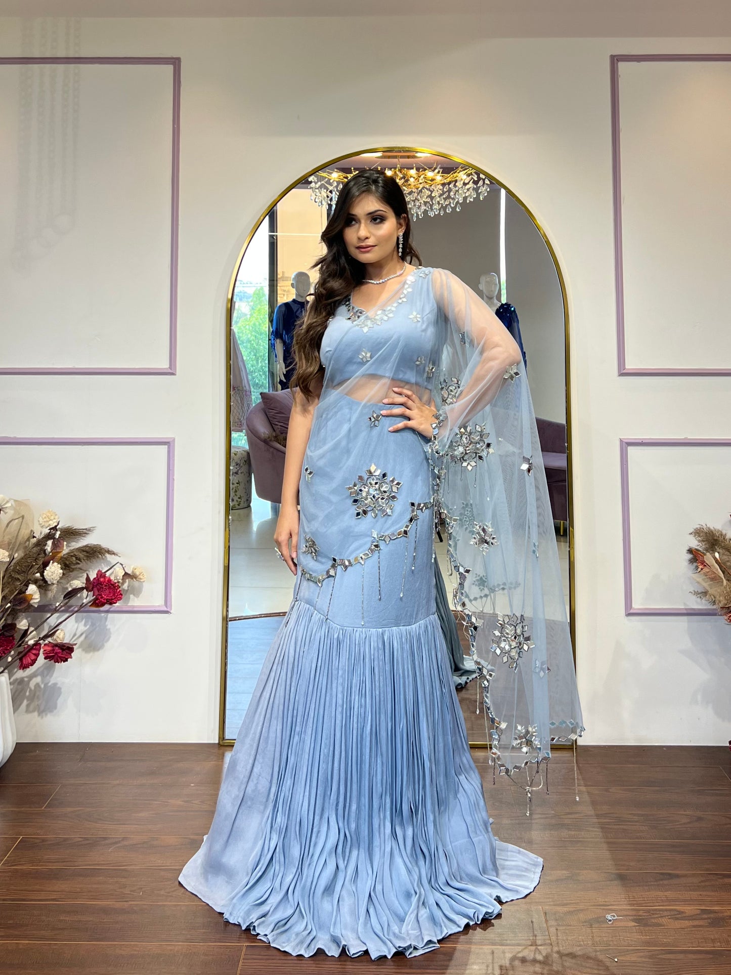 Grey Mirrorwork Drape saree