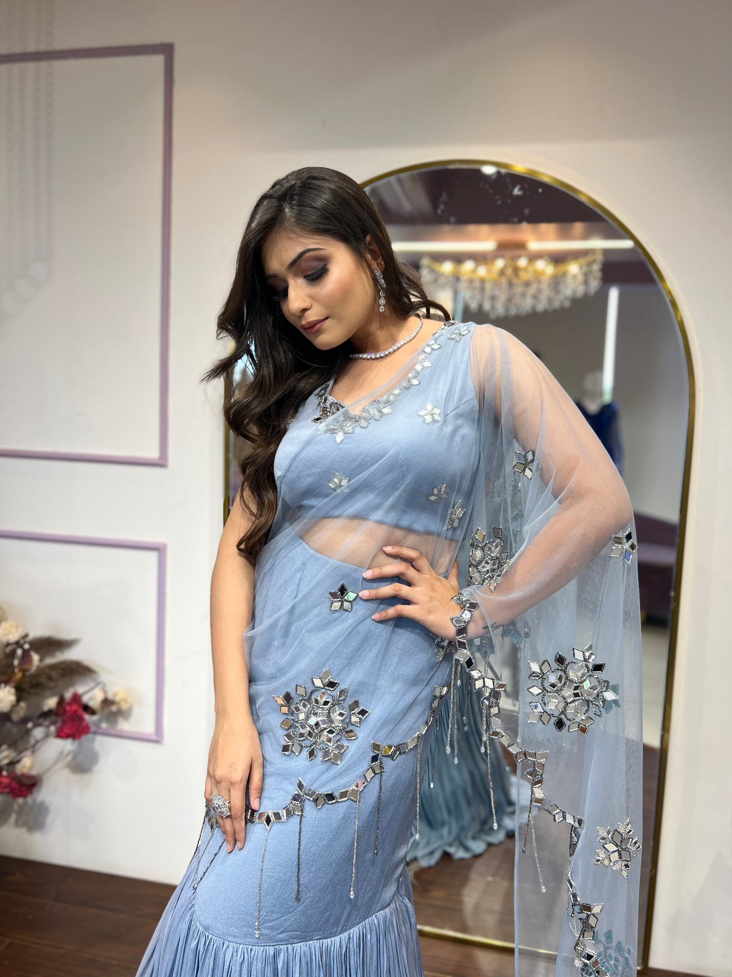 Grey Mirrorwork Drape saree