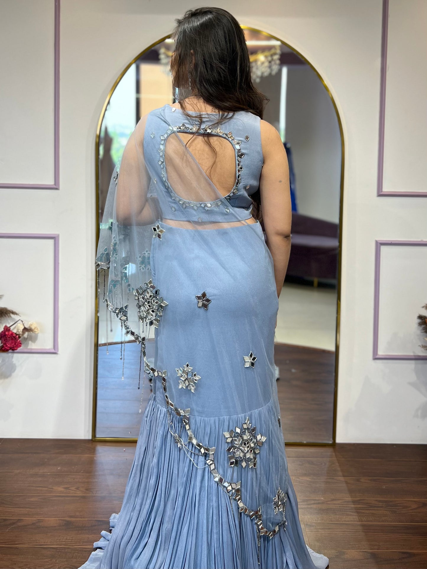 Grey Mirrorwork Drape saree