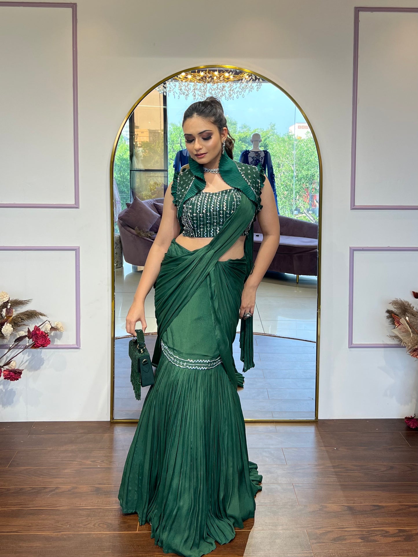 Bottle green drape saree with pleated jacket