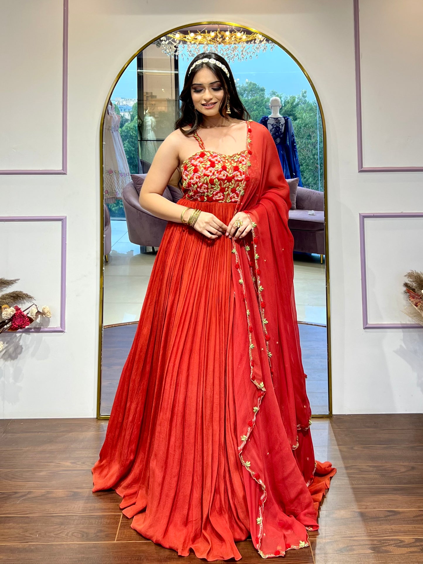 Red Floral Anarkali