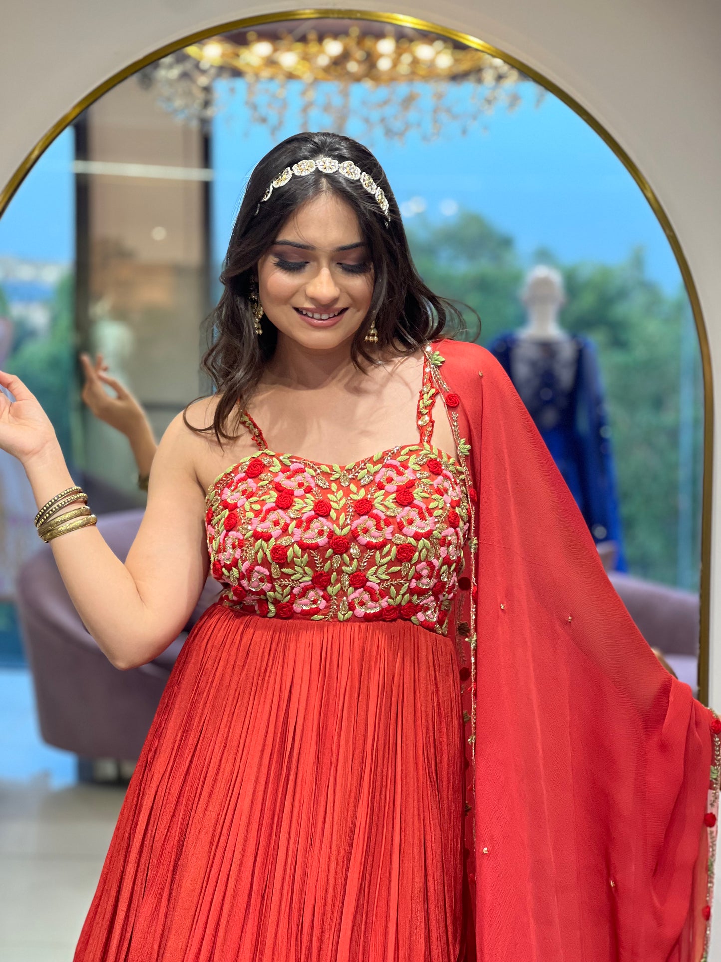Red Floral Anarkali
