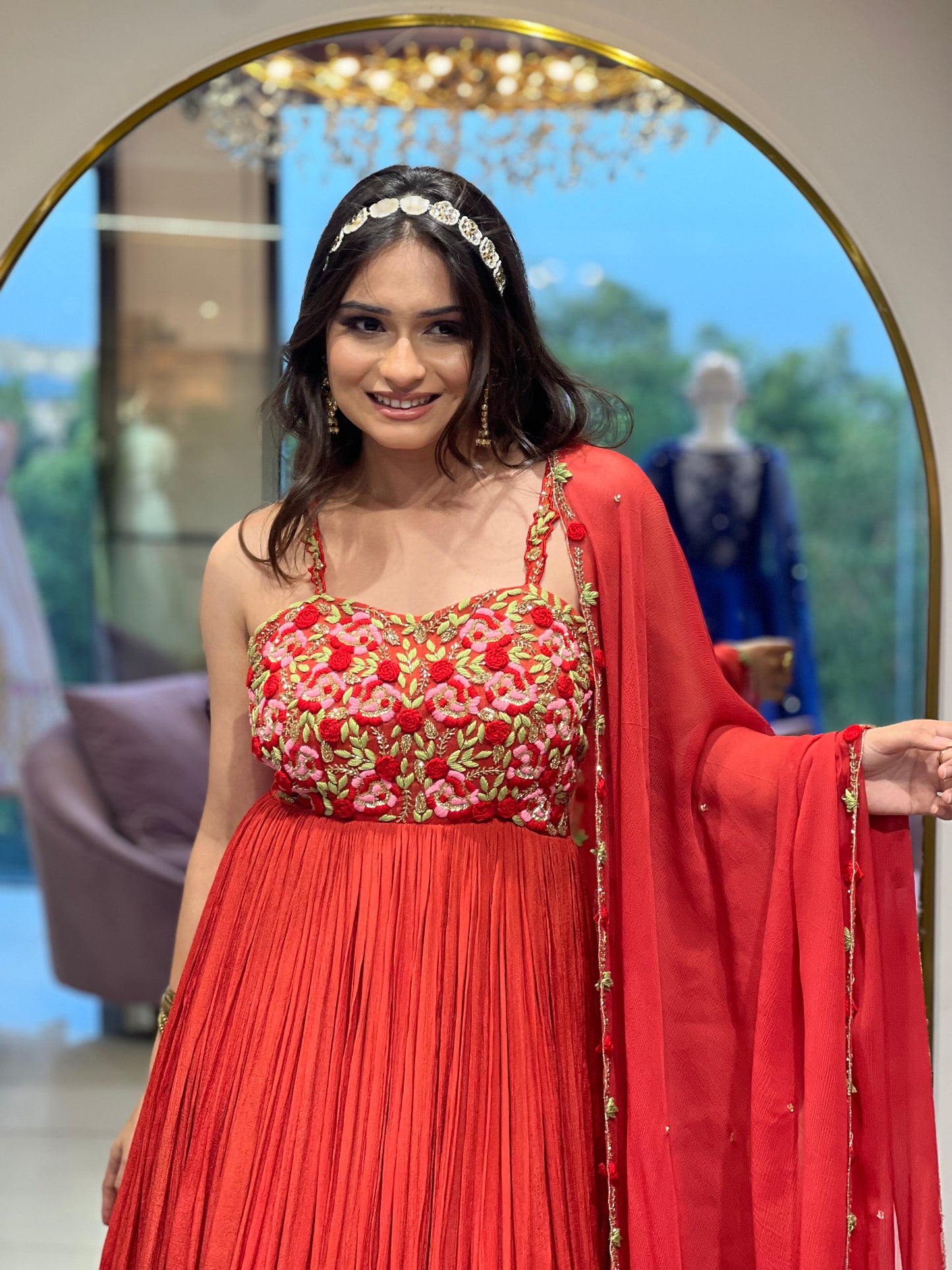 Red Floral Anarkali