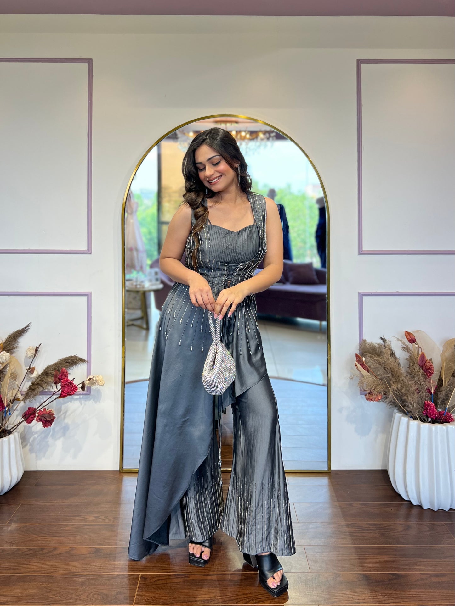 Grey Asymmetric Jacket with Bell Bottoms
