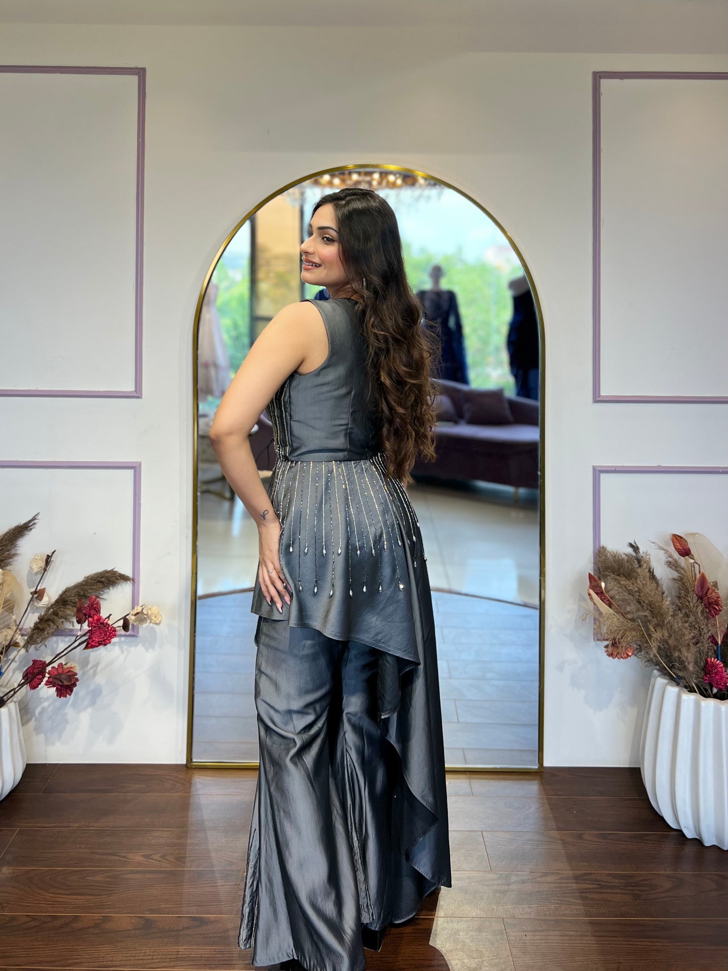 Grey Asymmetric Jacket with Bell Bottoms