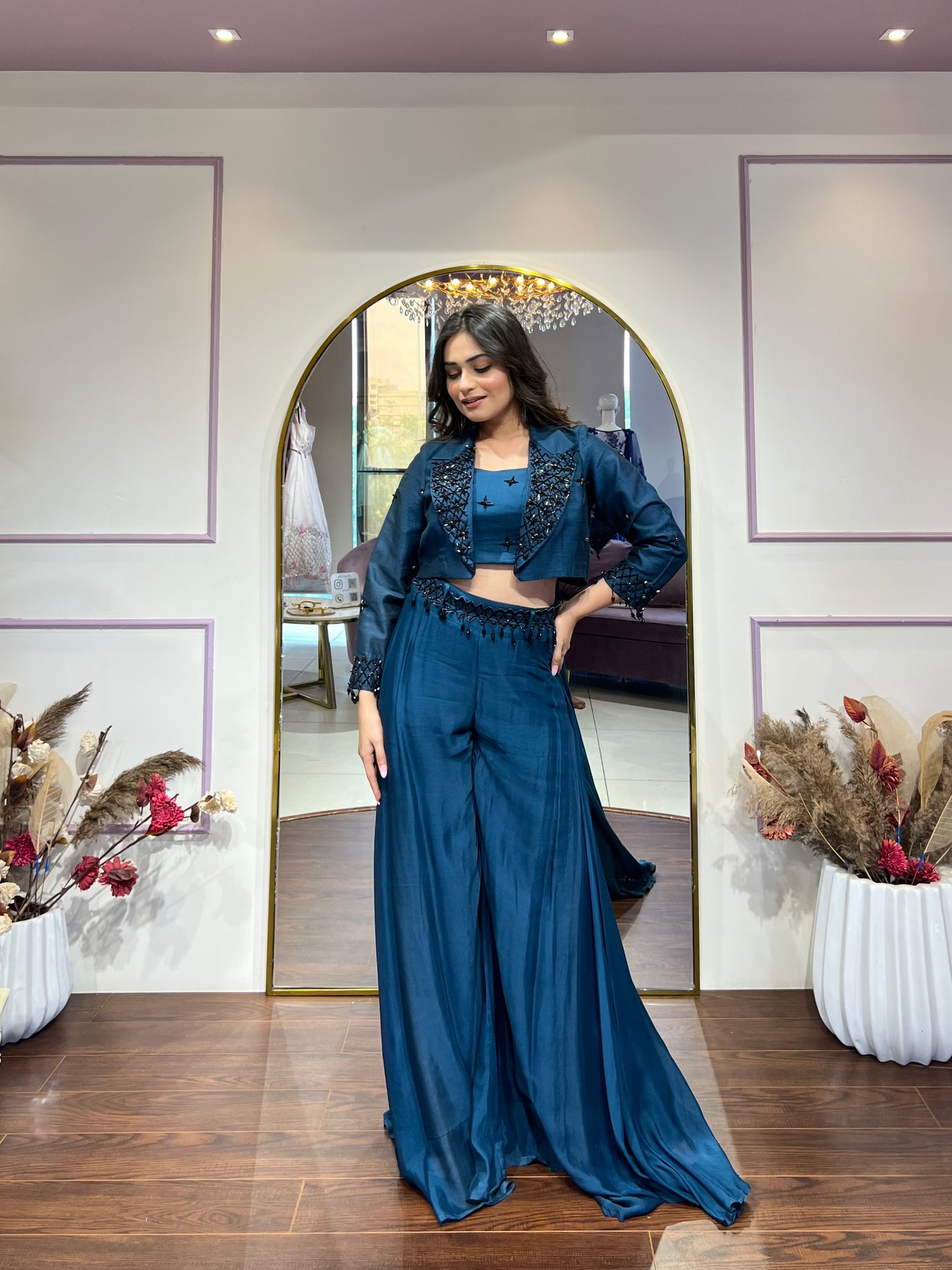 Teal palazzo set with embellished blazer