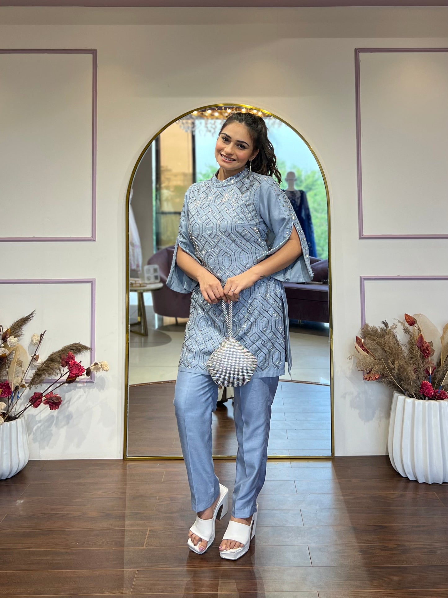 Grey full worked kurta set