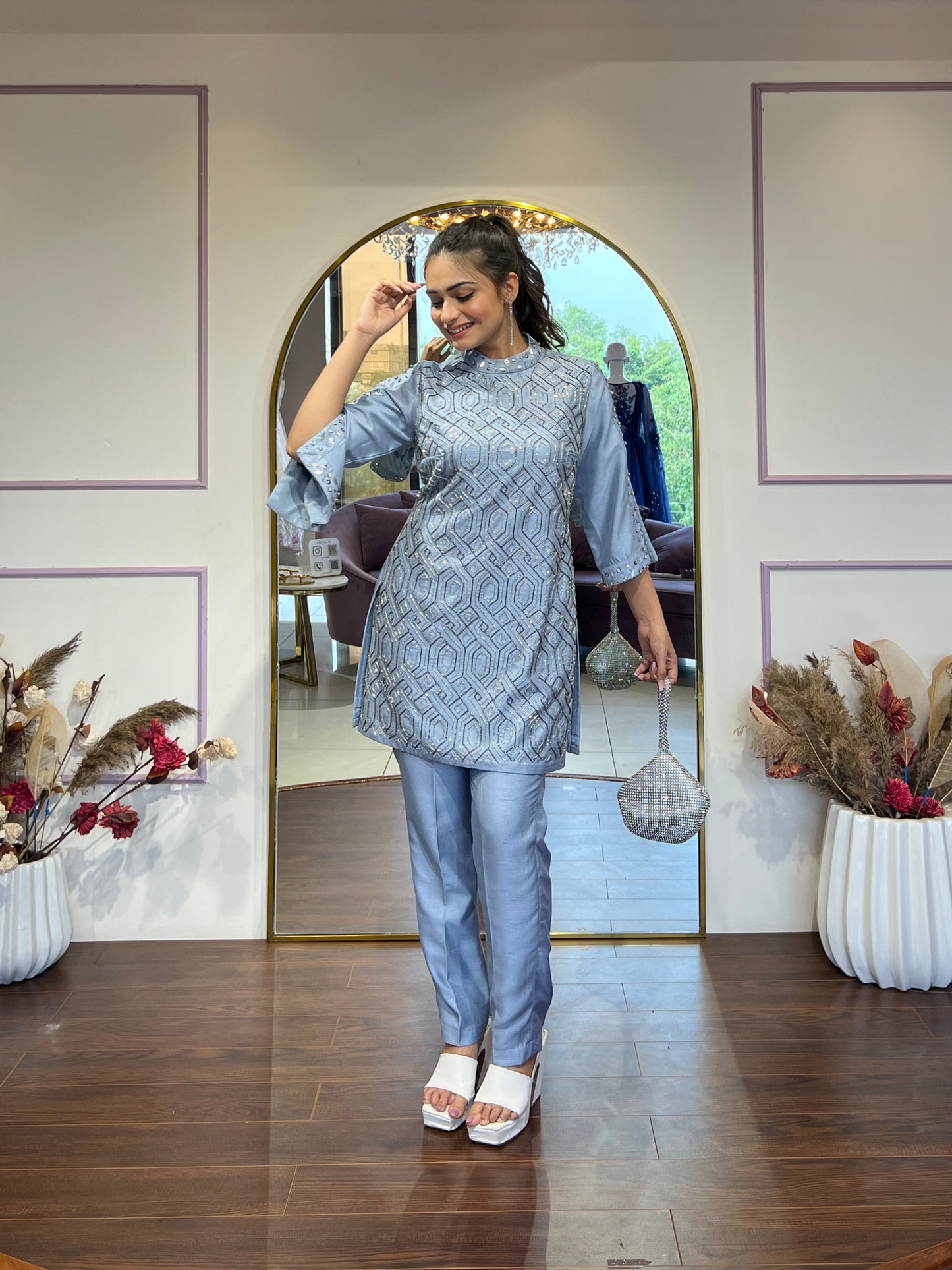 Grey full worked kurta set