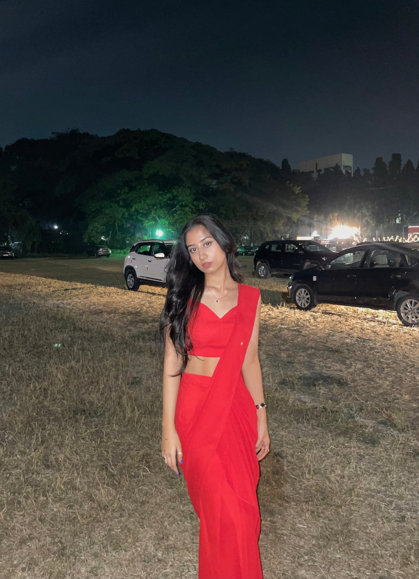 Red pre drapped saree