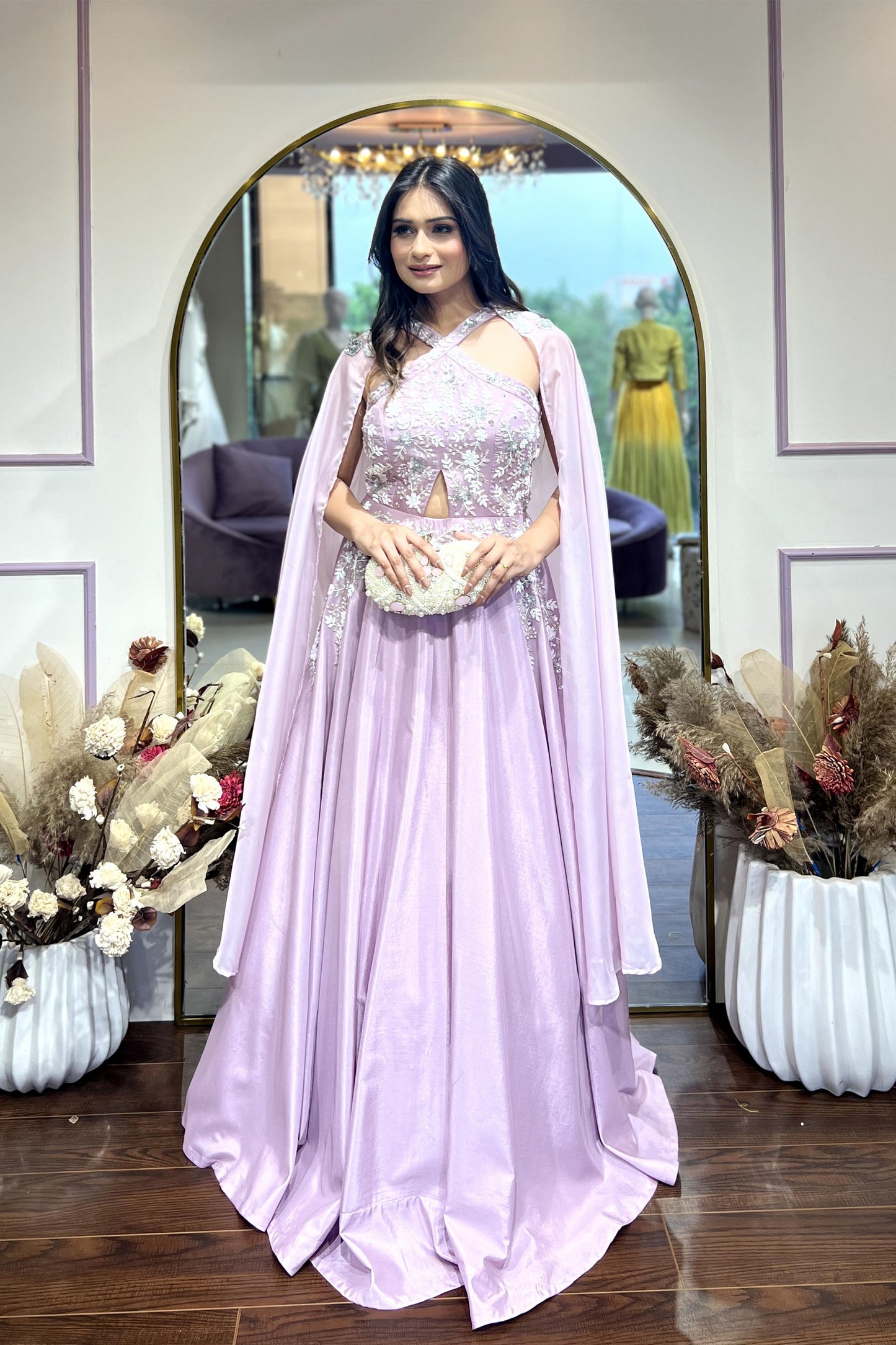 Lavender halter Neck gown With shoulder cape