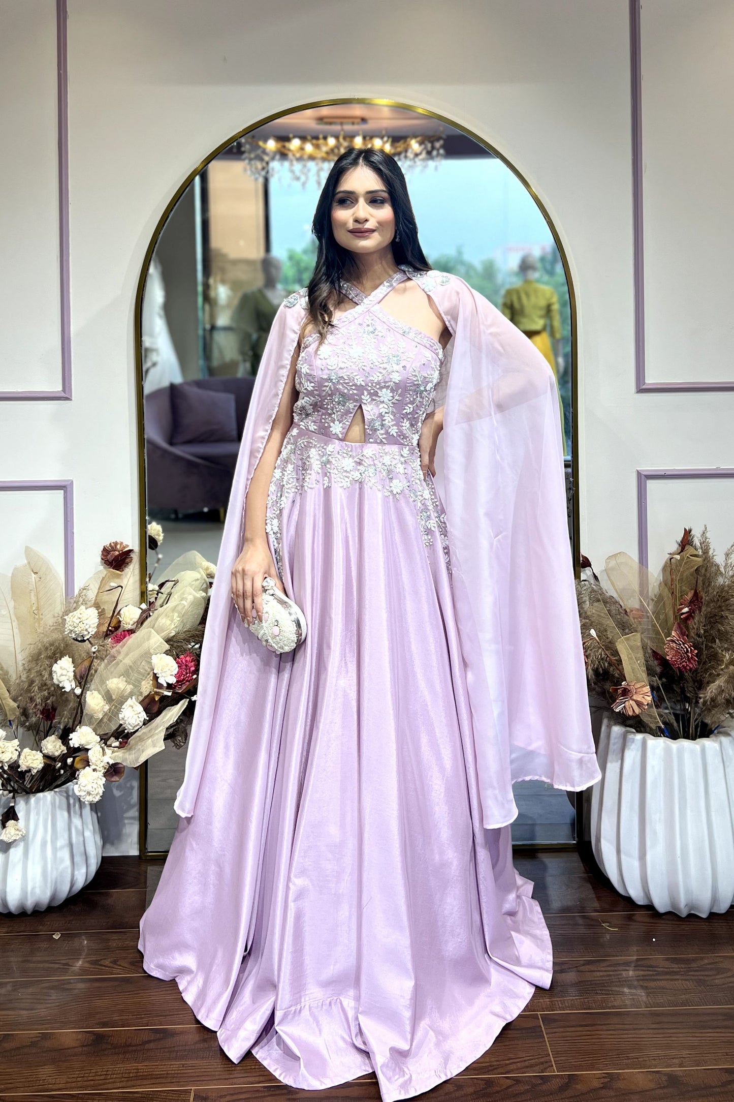 Lavender halter Neck gown With shoulder cape