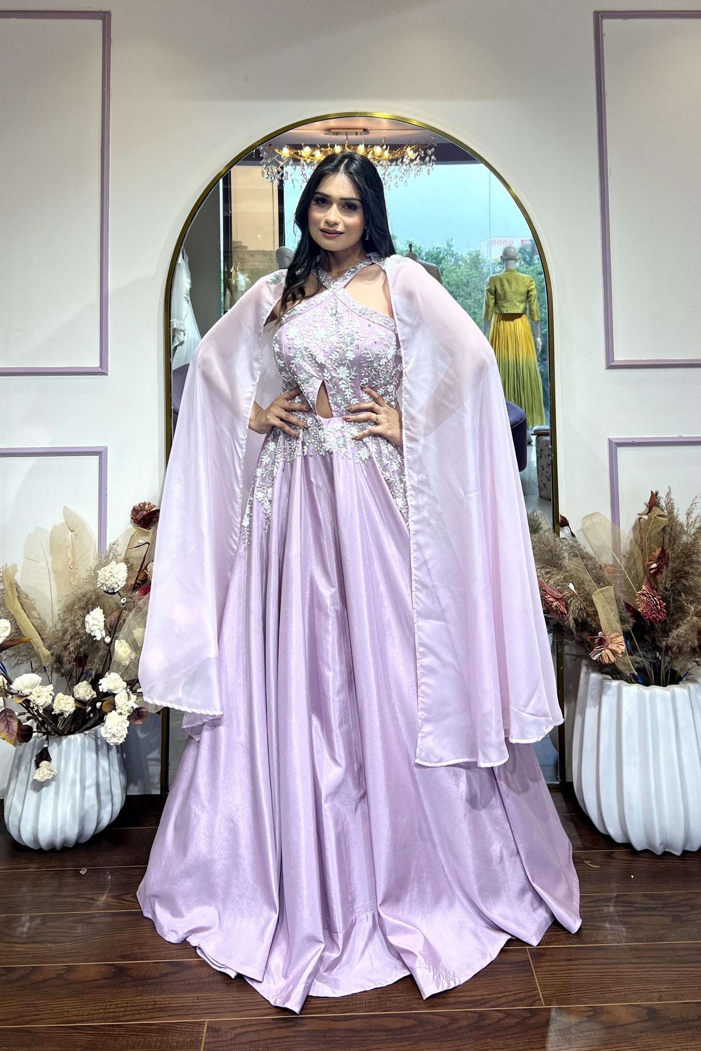 Lavender halter Neck gown With shoulder cape