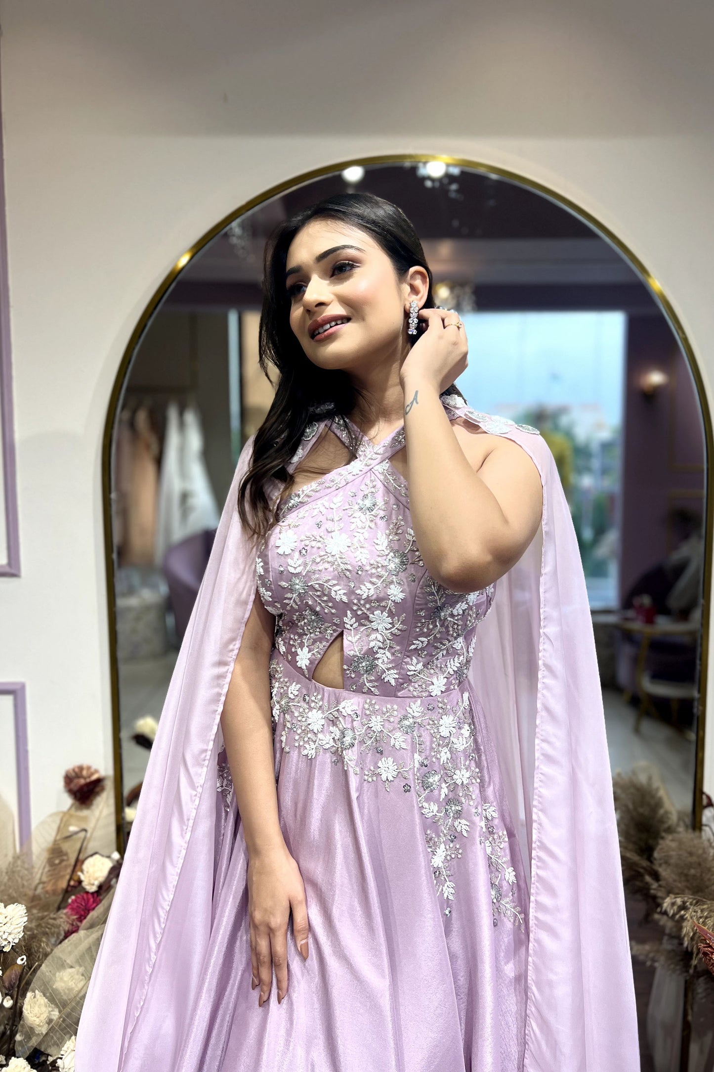 Lavender halter Neck gown With shoulder cape