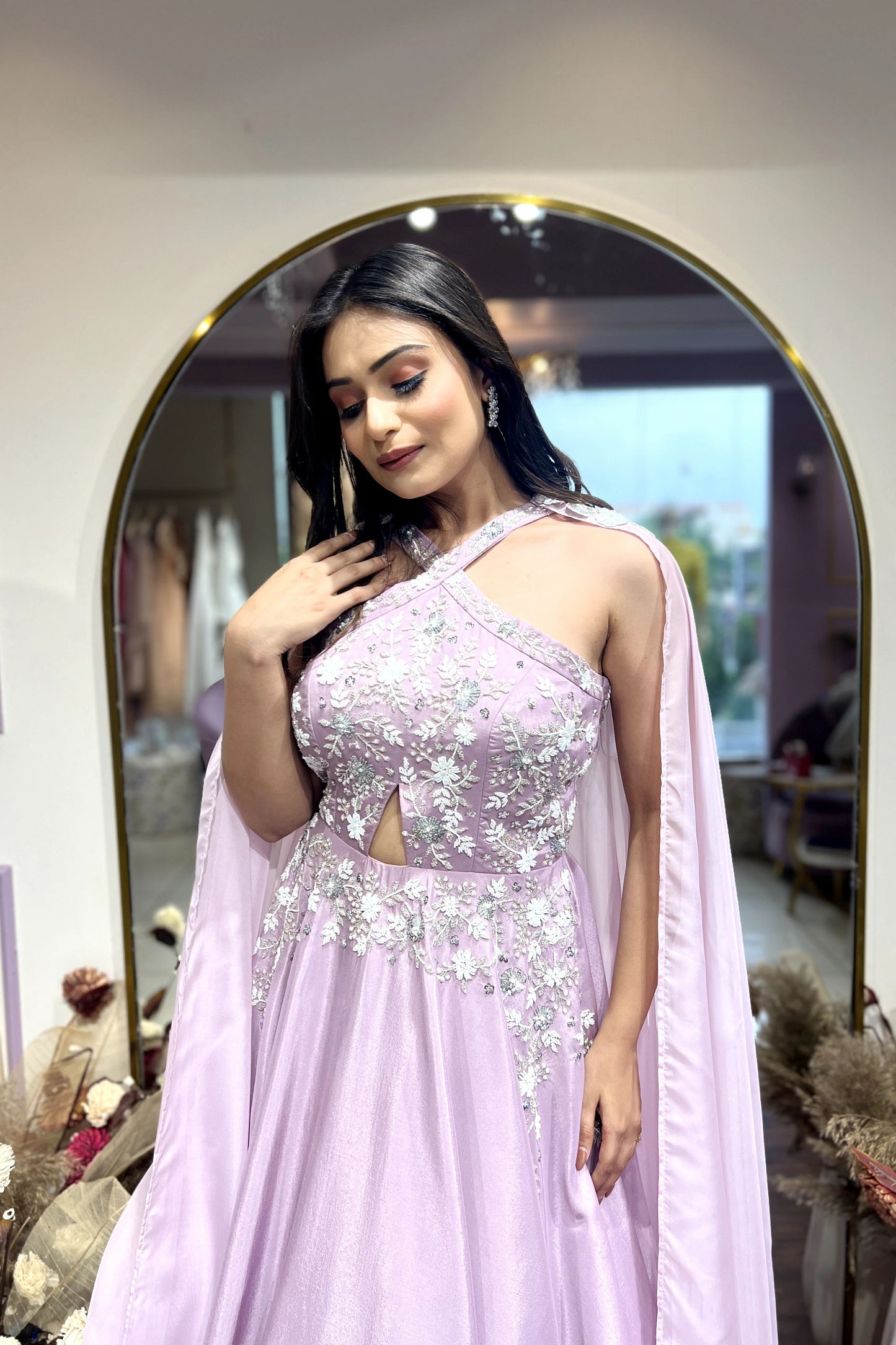 Lavender halter Neck gown With shoulder cape