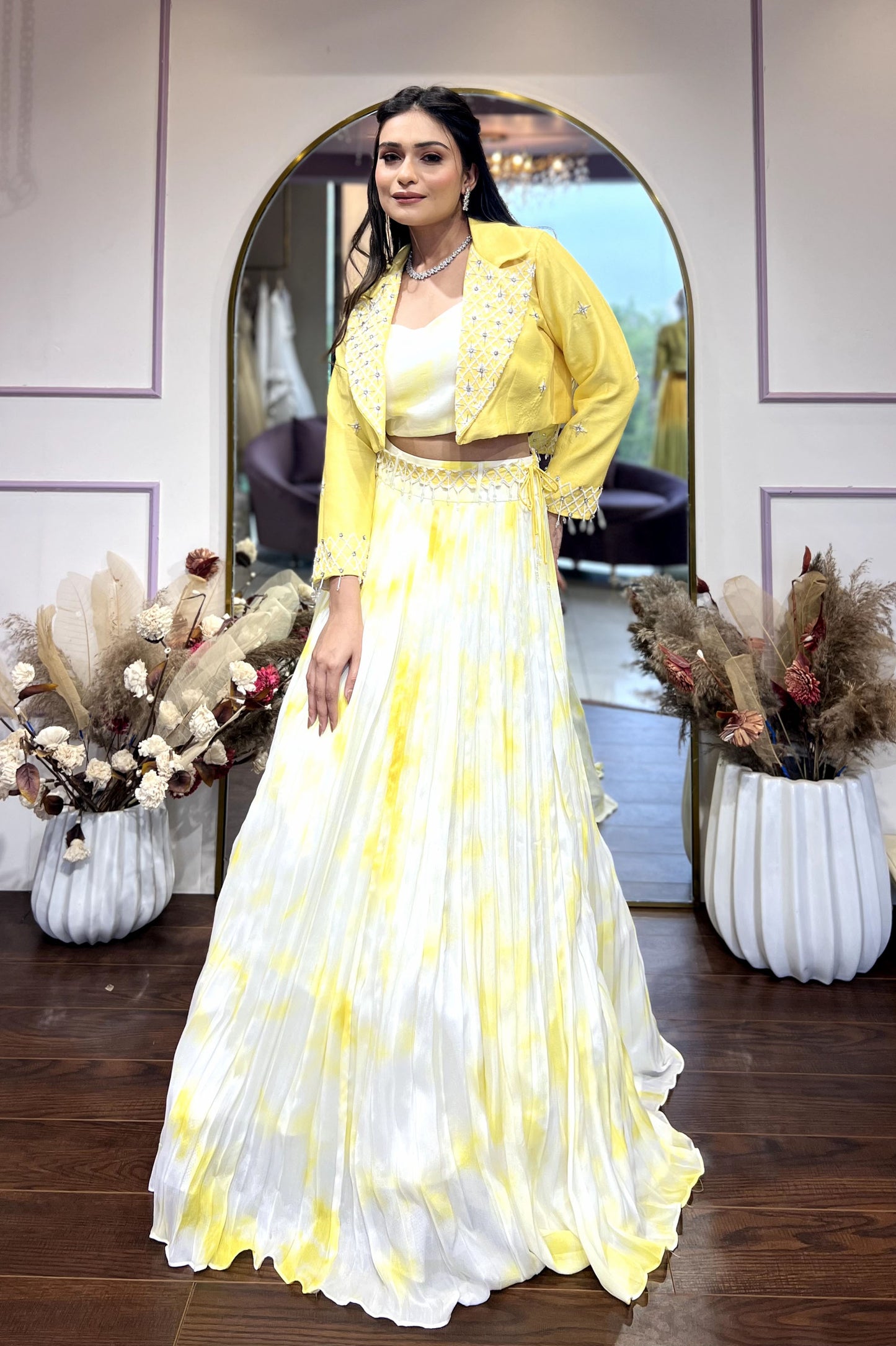 Tie Dye Yellow Lehenga with Embellished Blazer