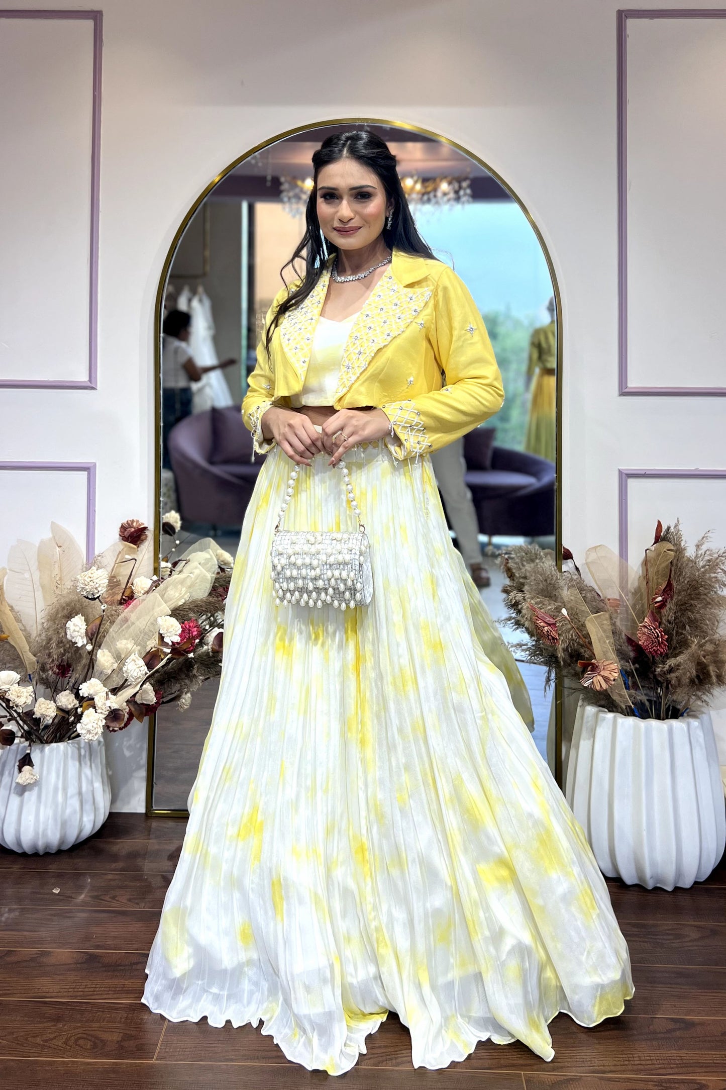 Tie Dye Yellow Lehenga with Embellished Blazer