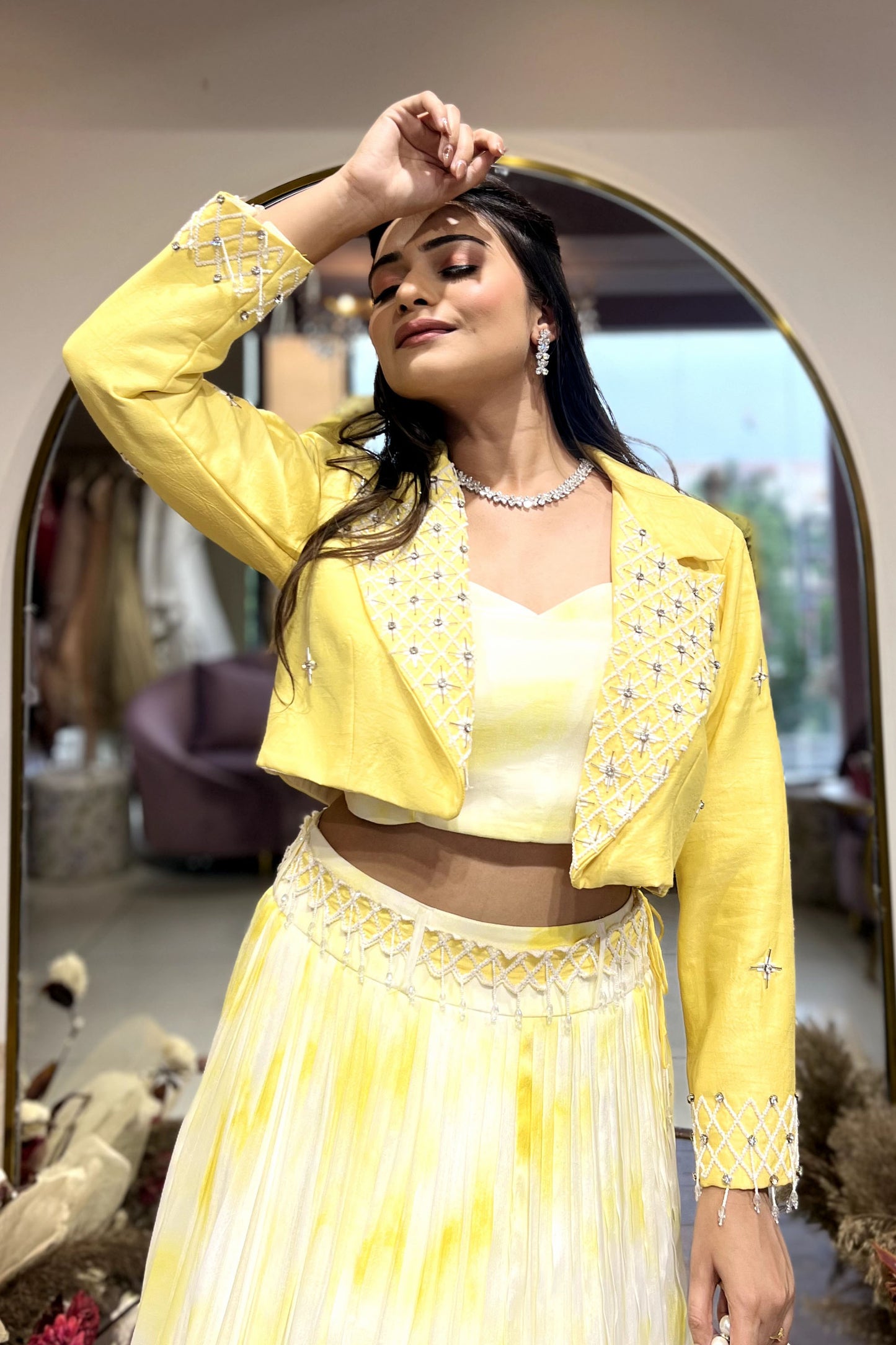 Tie Dye Yellow Lehenga with Embellished Blazer