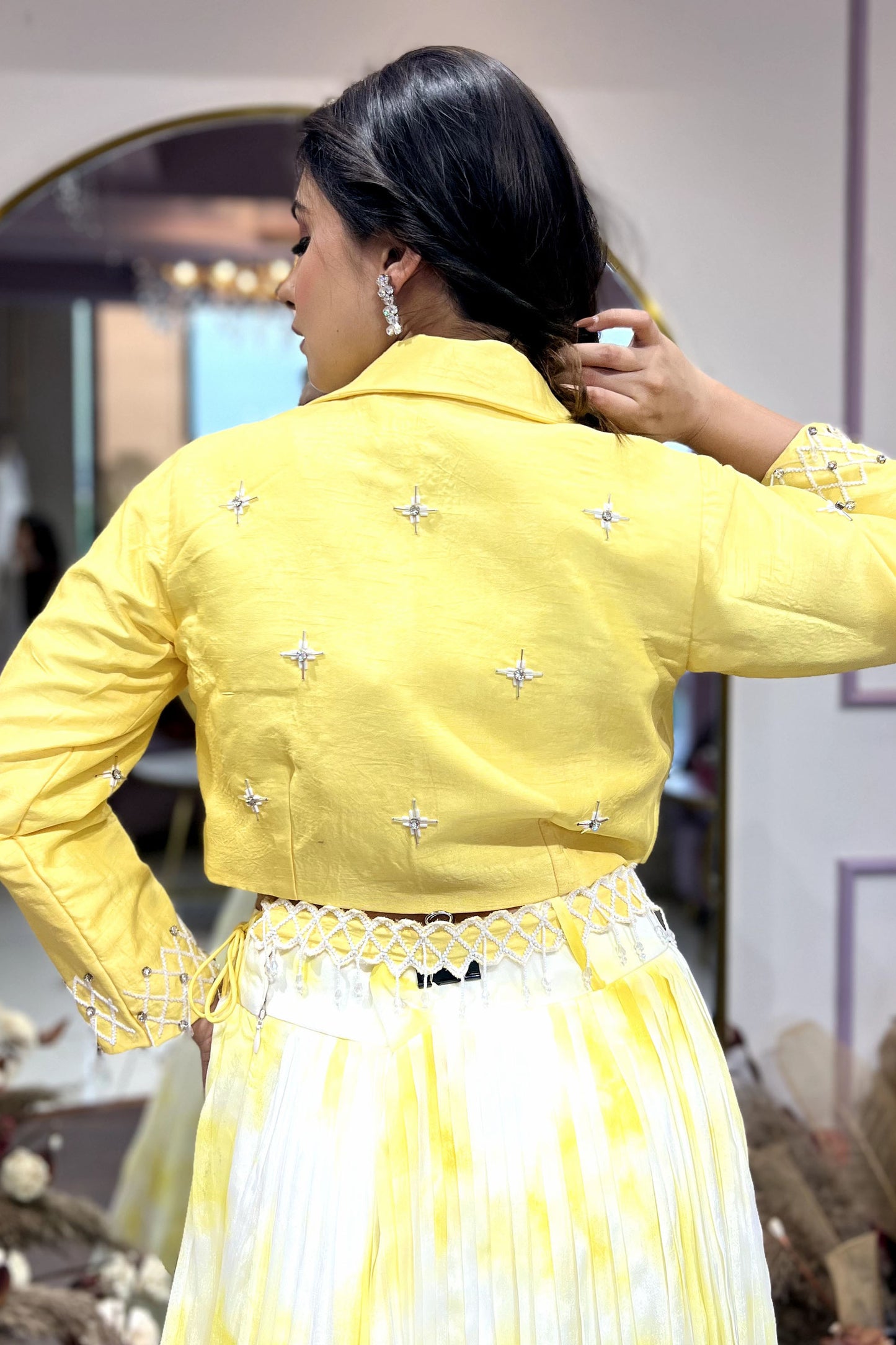 Tie Dye Yellow Lehenga with Embellished Blazer