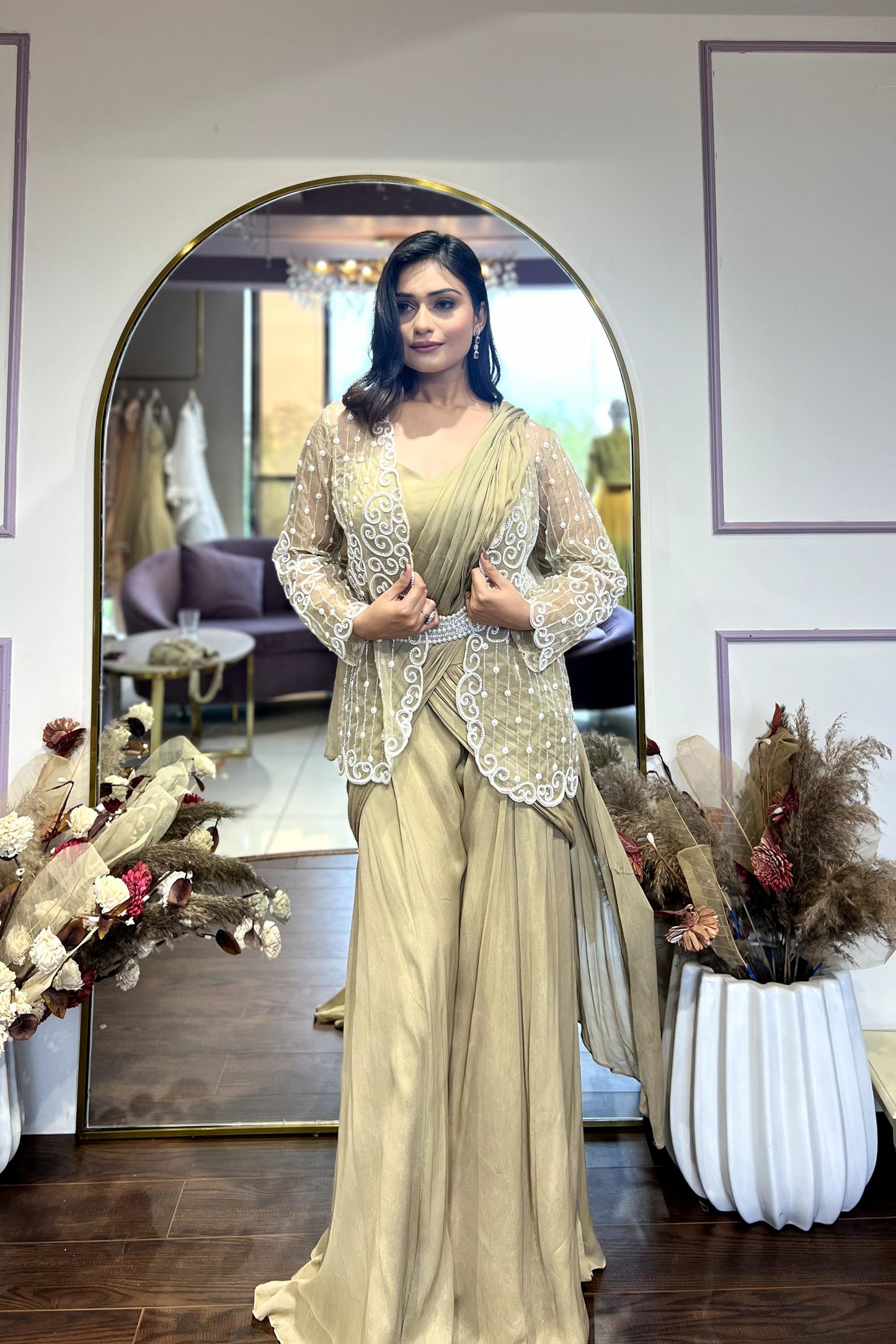 Walnut brown drape palazzo with embellished jacket and belt