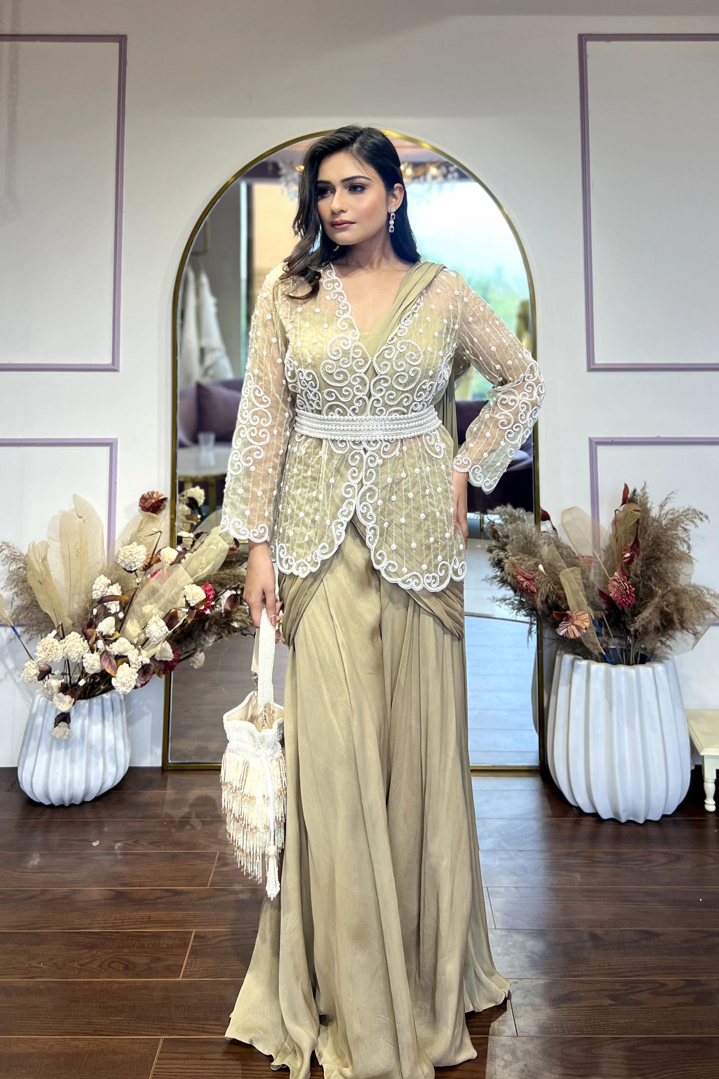 Walnut brown drape palazzo with embellished jacket and belt
