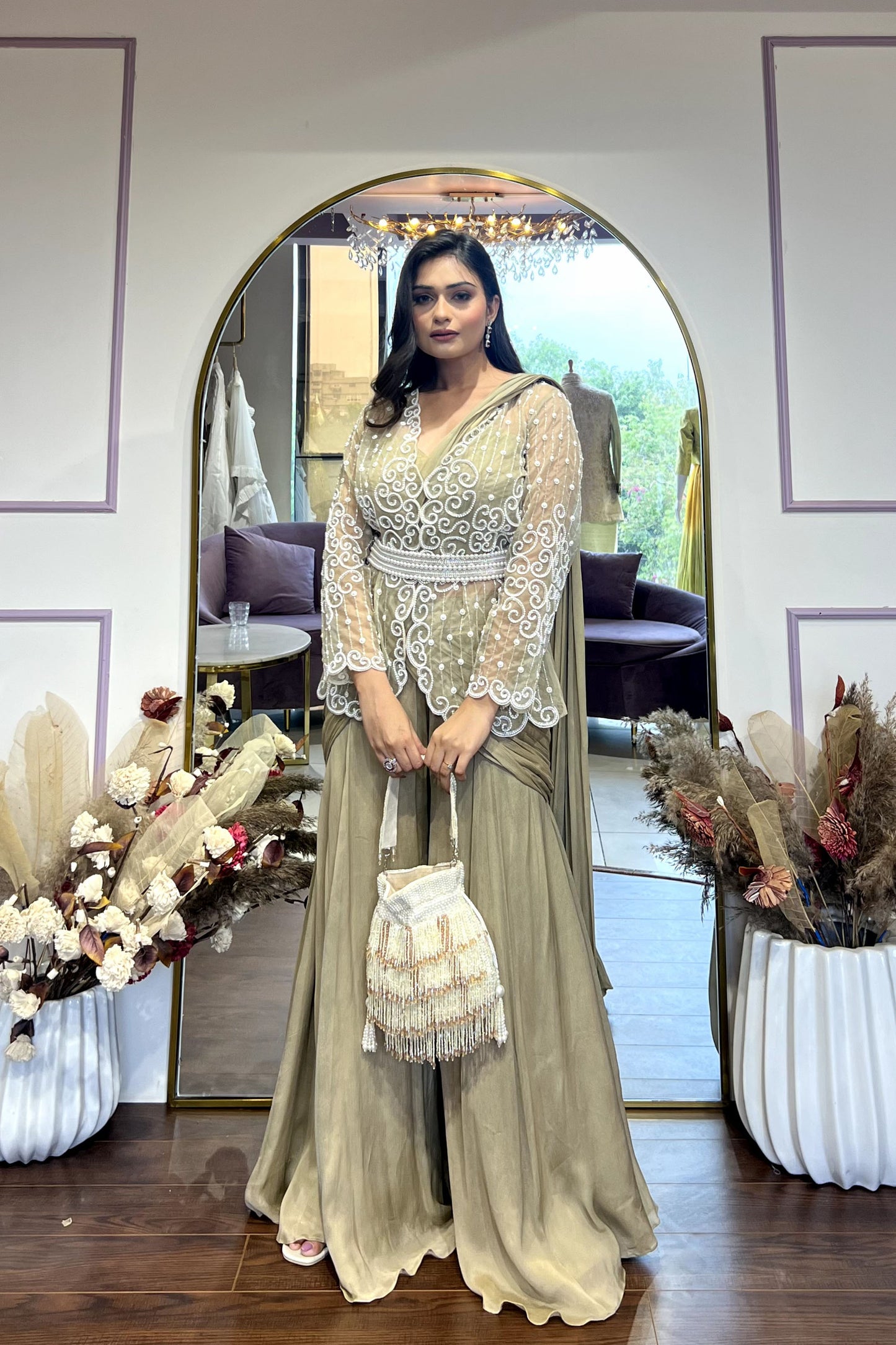 Walnut brown drape palazzo with embellished jacket and belt