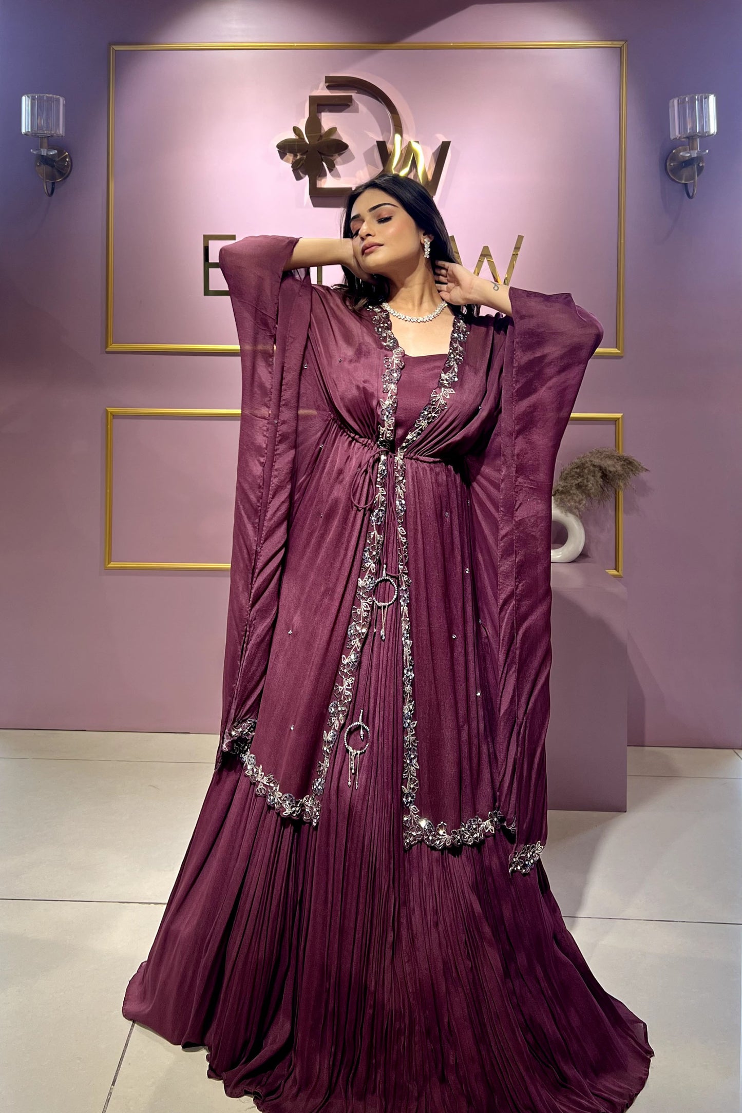 Wine Flared Kaftan Gown