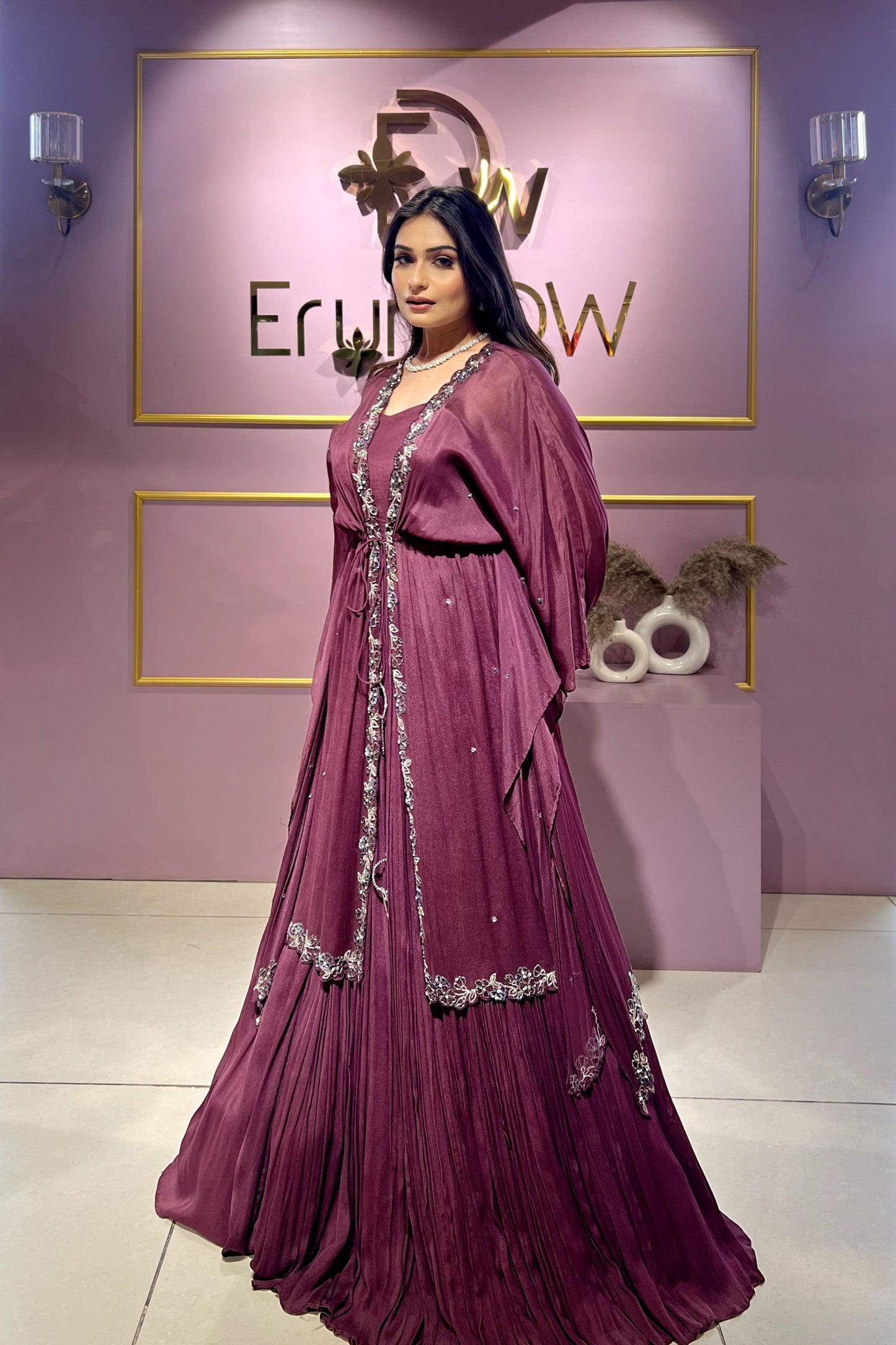 Wine Flared Kaftan Gown