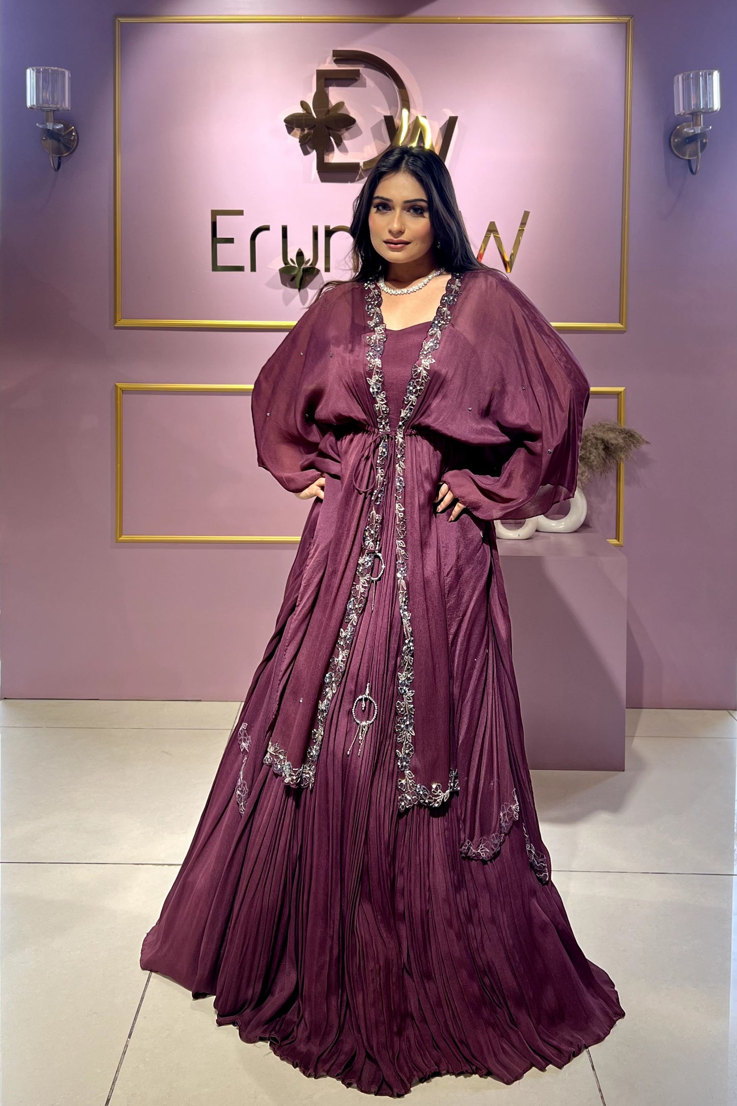 Wine Flared Kaftan Gown