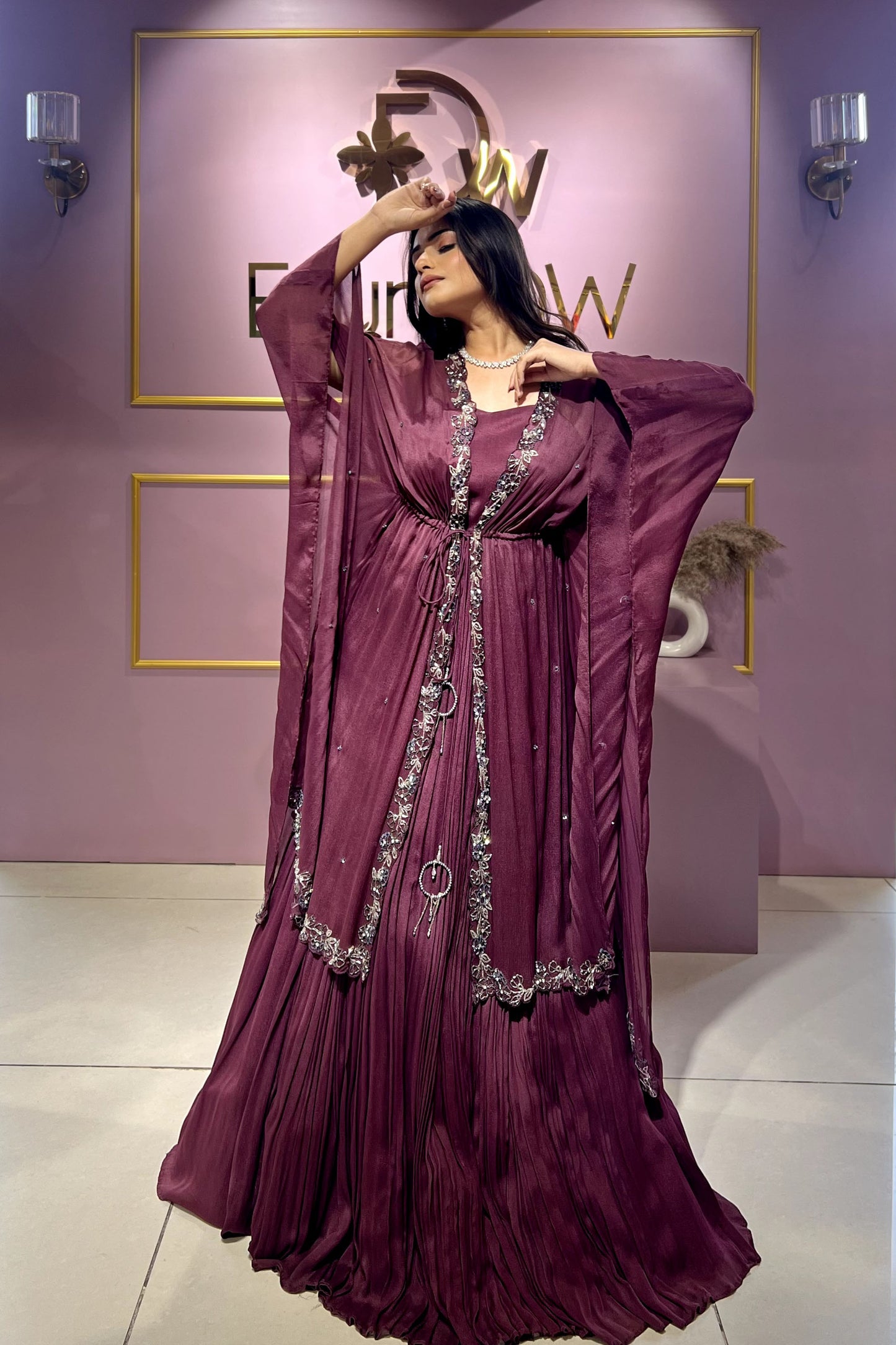Wine Flared Kaftan Gown