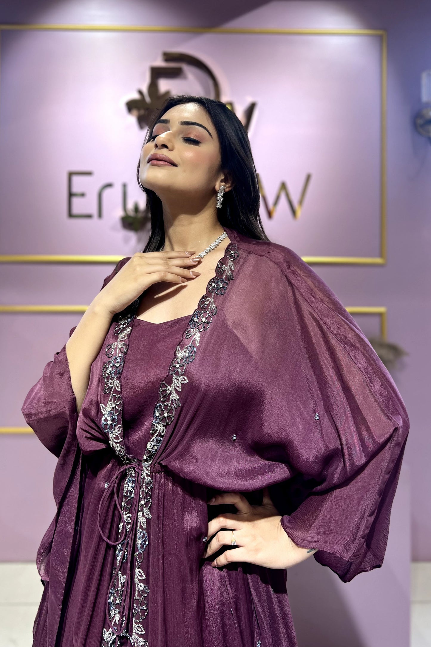 Wine Flared Kaftan Gown