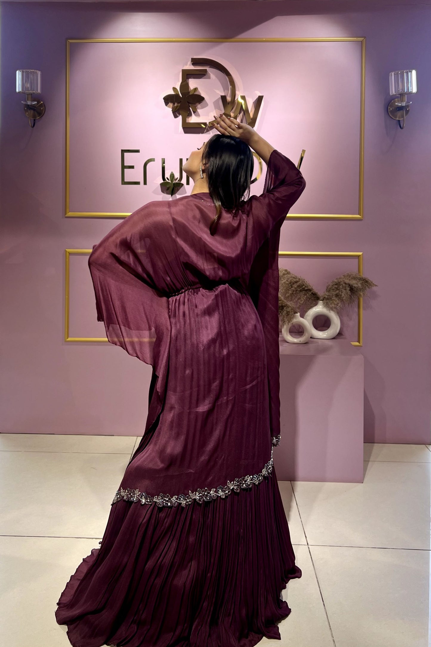Wine Flared Kaftan Gown