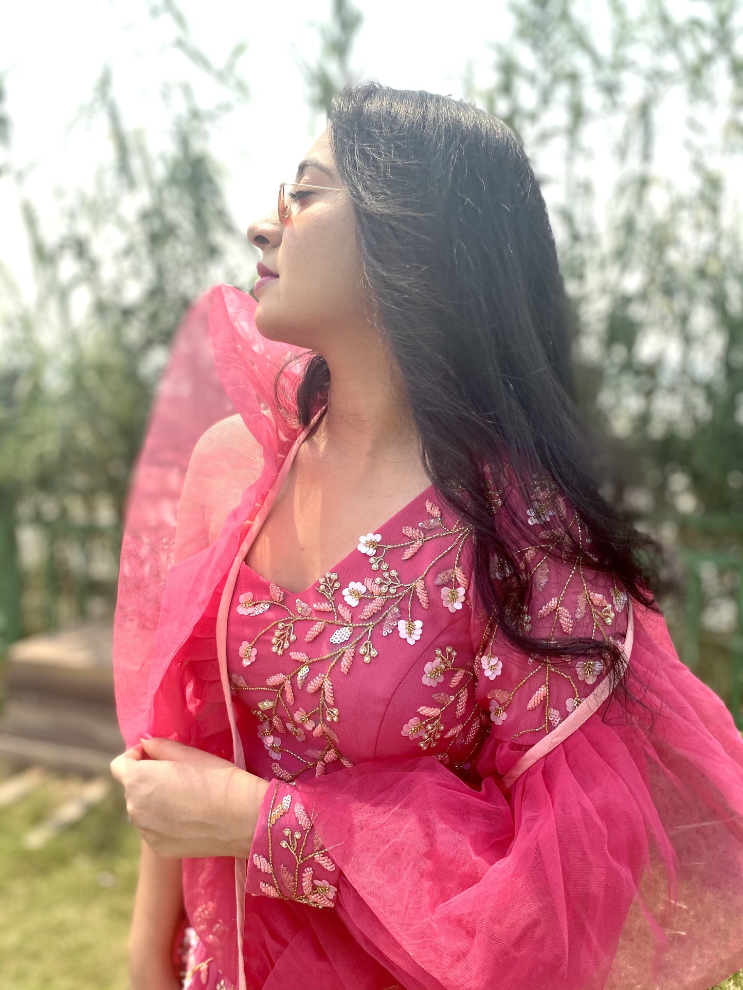 Hot pink ombre one shoulder lehenga