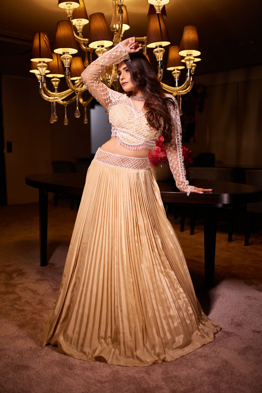 Pleated Beige Lehenga set