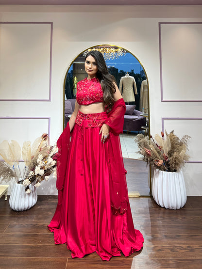 Red embellished lehenga set