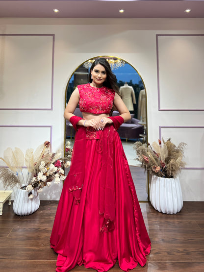 Red embellished lehenga set