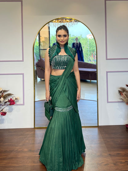 Bottle green drape saree with pleated jacket