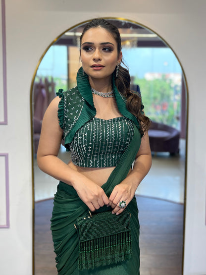 Bottle green drape saree with pleated jacket