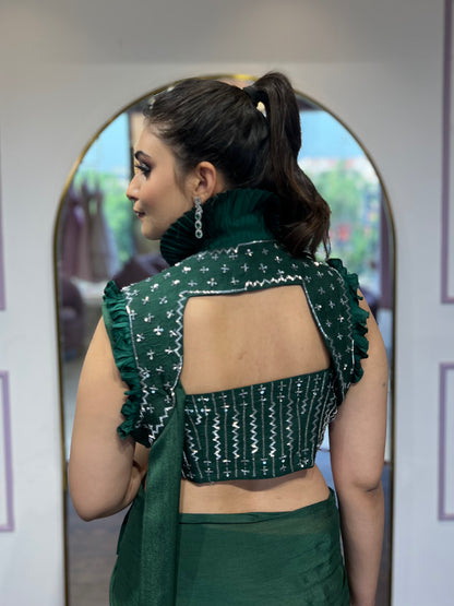 Bottle green drape saree with pleated jacket