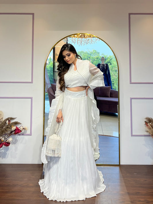 White pleated lehenga set