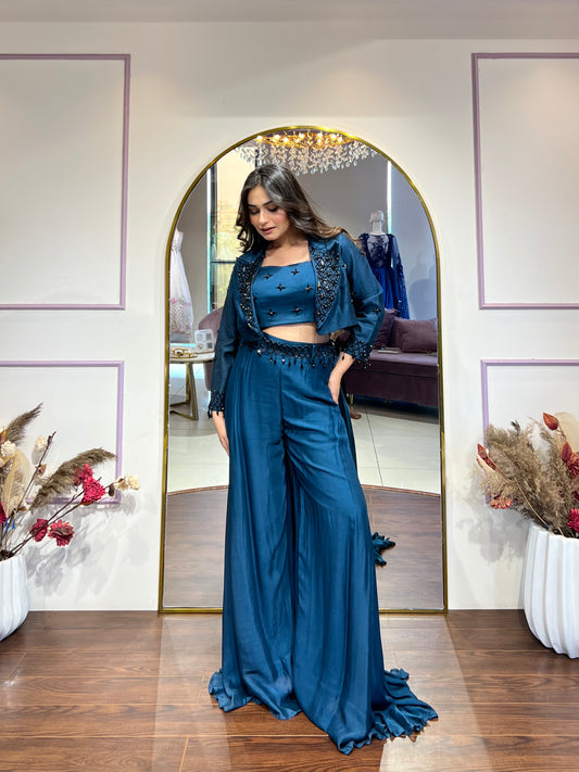 Teal palazzo set with embellished blazer
