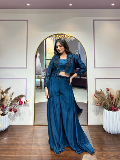 Teal palazzo set with embellished blazer