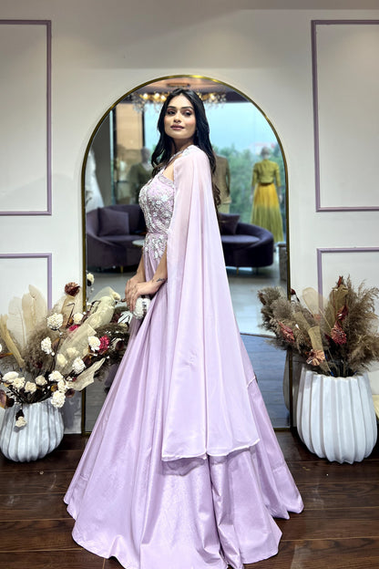 Lavender halter Neck gown With shoulder cape
