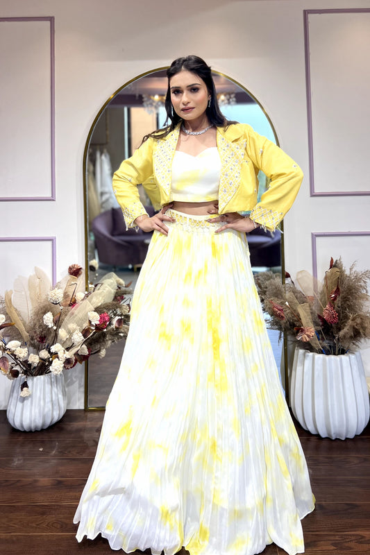 Tie Dye Yellow Lehenga with Embellished Blazer