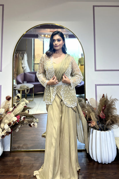 Walnut brown drape palazzo with embellished jacket and belt